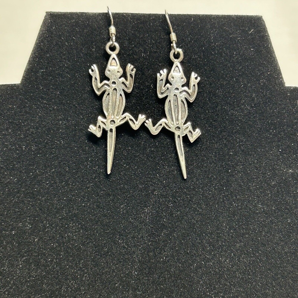 925 Sterling Silver Lizard Dangle Pierced Earrings Approx. 2" Long 4.9g